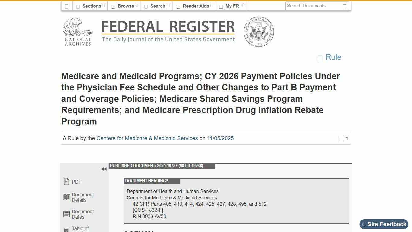 Federal Register :: Medicare and Medicaid Programs; CY 2026 Payment Policies Under the Physician Fee Schedule and Other Changes to Part B Payment and Coverage Policies; Medicare Shared Savings Program Requirements; and Medicare Prescription Drug Inflation Rebate Program